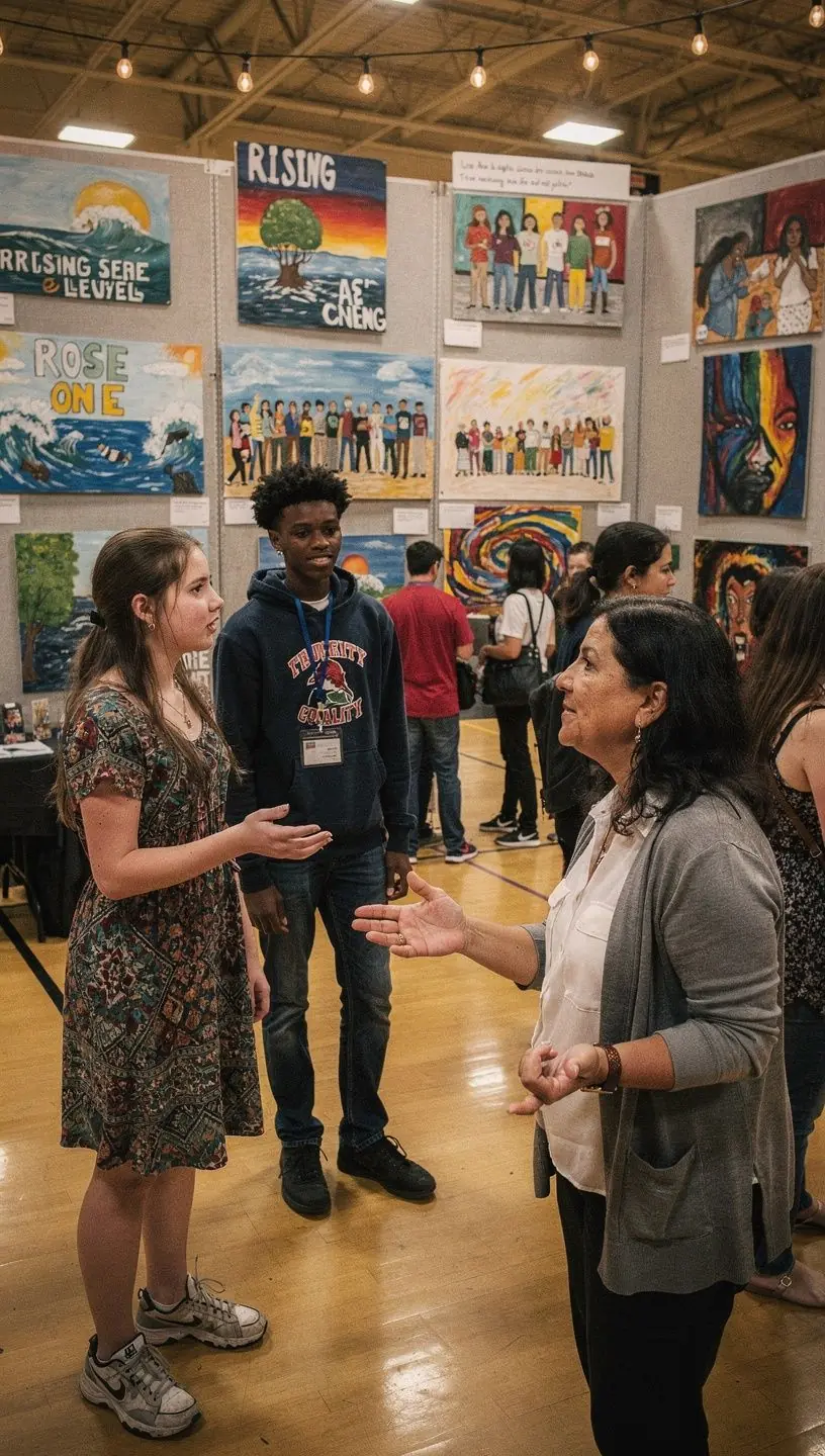 Community garden with diverse neighbors gardening together.